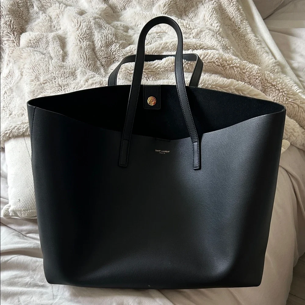 Saint Laurent Black Leather Tote with Gold Logo - Picture 3 of 4